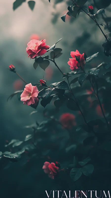 Pink roses exhibit selective focus with atmospheric depth field rendering in soft garden environment