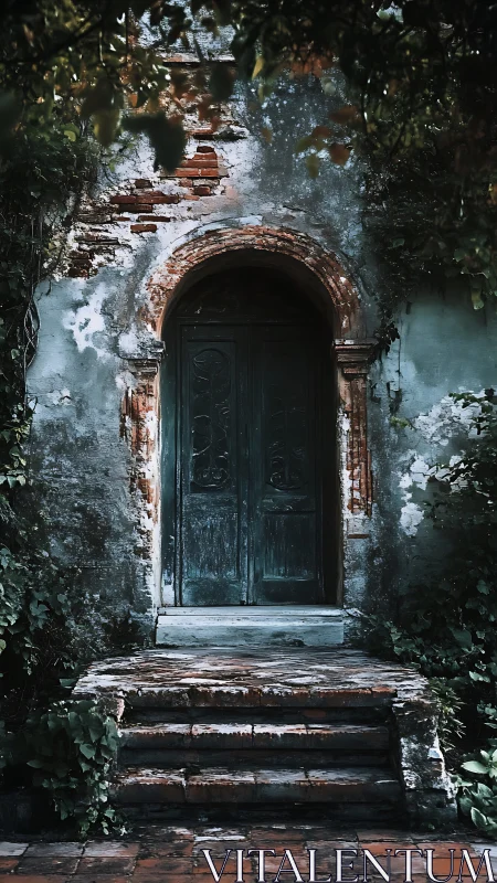 Weathered arched doorway with overgrown vegetation and steps