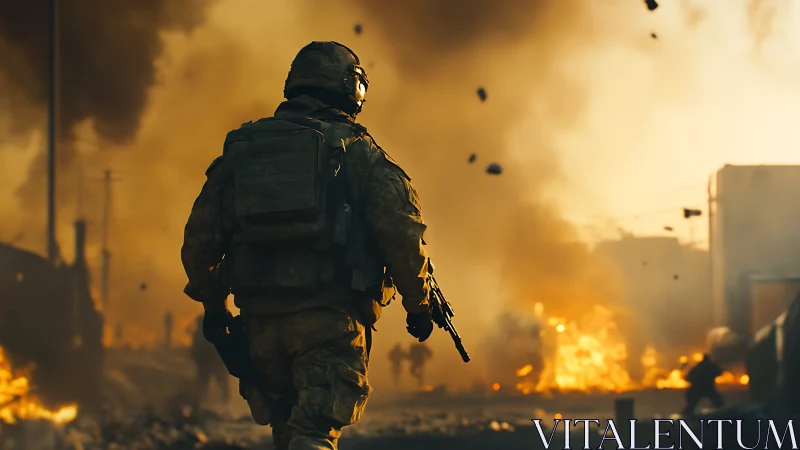 Disoriented infantry operator amid urban detonation plume.