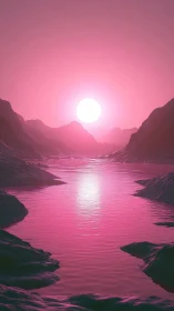 Pink digital river valley under large glowing sunset orb
