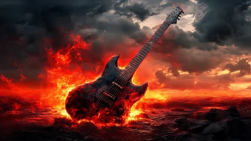 Electric guitar in volcanic landscape with intense flames.