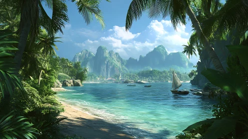 Tropical Lagoon with Limestone Formations and Anchored Vessels