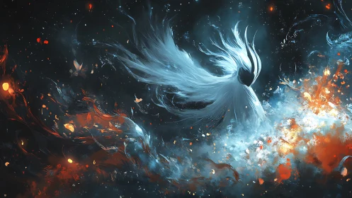 Celestial spirit of ice and fire drifts through cosmic storm.