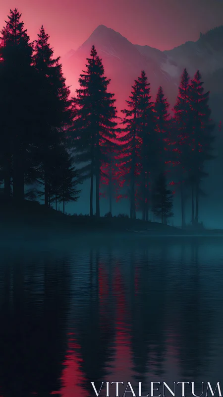 Mountain Sunset Over Alpine Lake with Evergreen Forest.