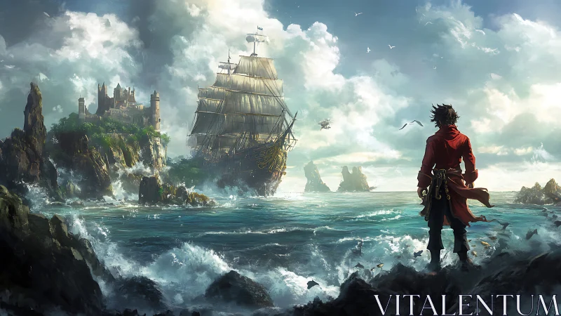 Lone pirate studies stormy sea as fortress ship nears shore.