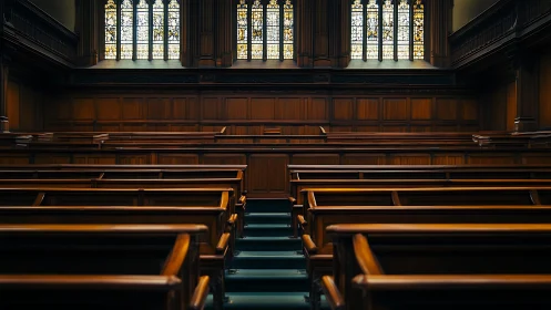 Empty wooden church interior shows aligned pews and stained glass