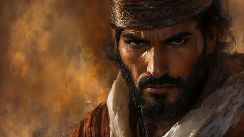 Brooding desert warlord portrait in dramatic warm light.