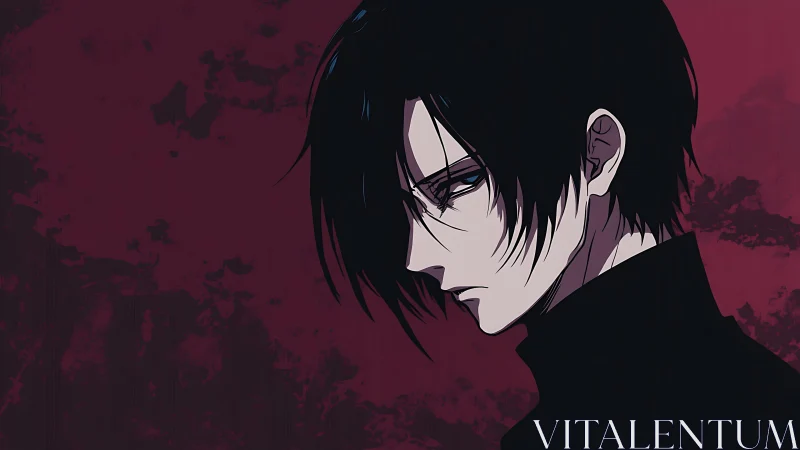 Shadowed profile studies sorrow in a wine-red silence