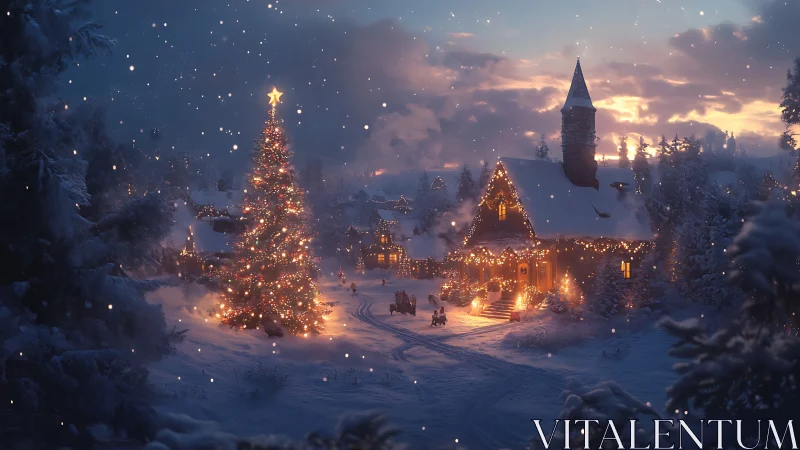 Snow covered village square displays large lit Christmas tree