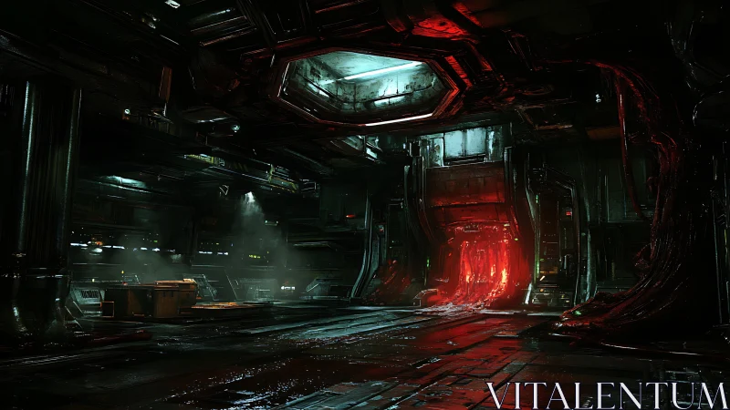 Derelict starship corridor under ominous red breach glow.