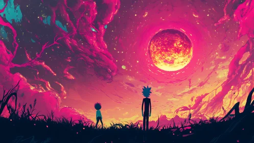 Cosmic skywalk with two friends under a blazing pink sun.