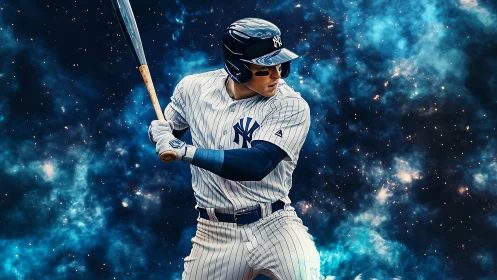 Right-handed batter in pinstripes isolated against cosmic nebula field