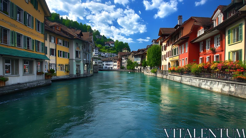 Riverside rainbow houses bask beside glassy turquoise canal.