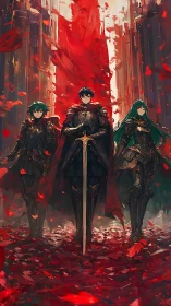 Valiant trio of armored heroes walking through crimson bloom.