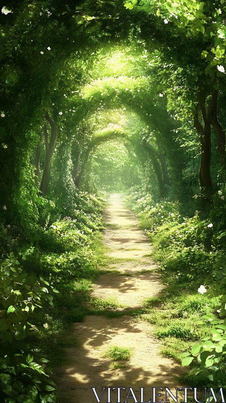Sunlit Forest Tunnel Path Leading Through Green Canopy.