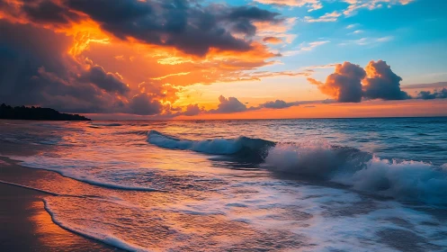 Sunlit clouds hang over rolling waves on a vivid shoreline