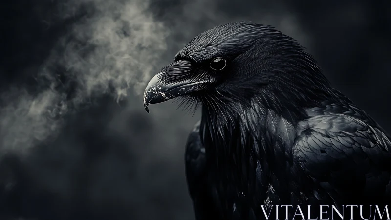 Dramatic close-up of raven in dark, moody atmosphere, digital art.