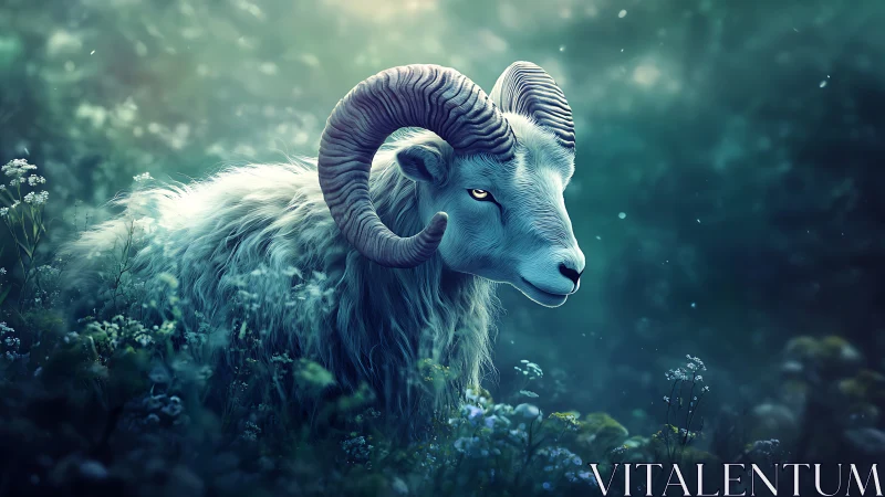 Moonlit ram oracle wandering through emerald forest hush.