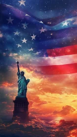 Liberty crowned in starlit stripes above a blazing horizon.