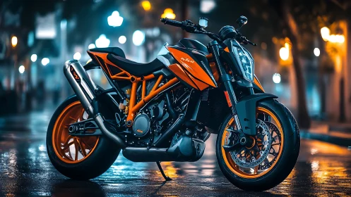 Street-lit orange sport motorcycle on glossy wet pavement.
