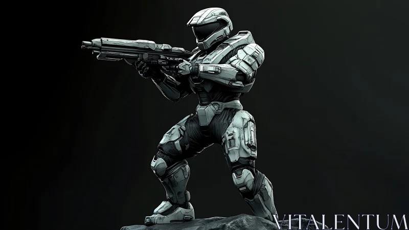 Armored sci fi soldier model holds rifle in low ready stance