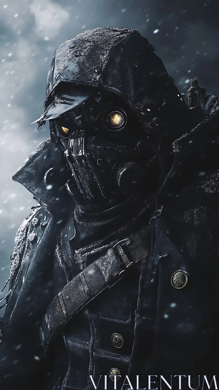 Snowbound masked wanderer stands calm in a frozen storm