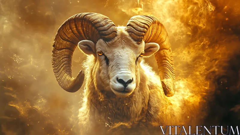 Majestic ram glowing in golden, fiery mountain light.
