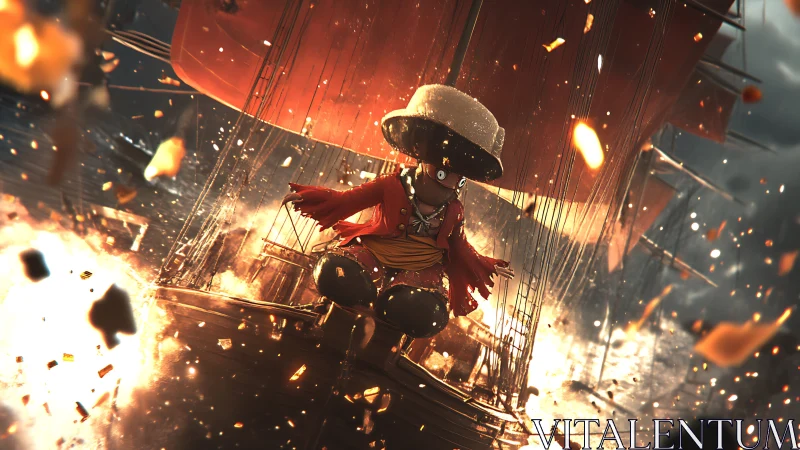 Stylized pirate figure on burning ship in explosive battle.