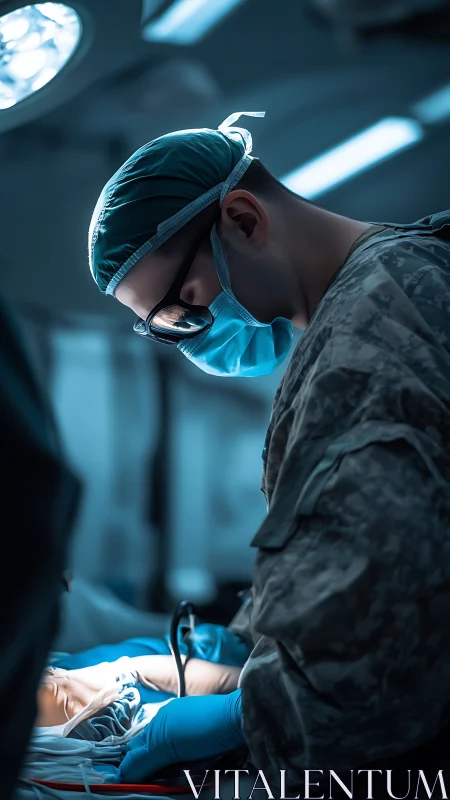 Military surgeon in operating room under cool surgical lighting.