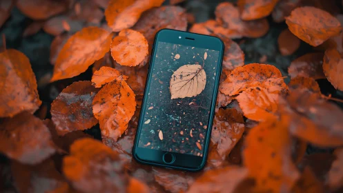 Smartphone lying on bright orange autumn leaves outdoors.