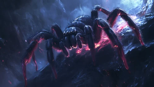 Giant molten spider crosses dark volcanic ridge at night