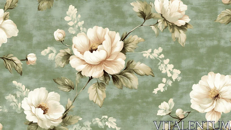 Vintage peony floral pattern on muted green ground.