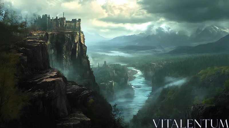 Stormlit cliffside fortress above misty river valley panorama.
