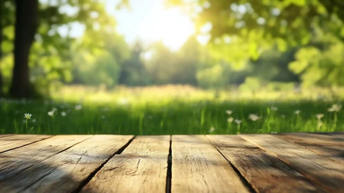 Sunlit wooden deck overlooking soft focus green meadow.