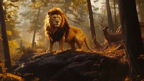 Regal lion stands on sunlit forest outcrop in cinematic realism