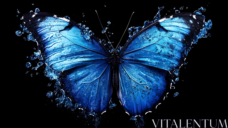 Electric blue butterfly exploding into liquid splash.