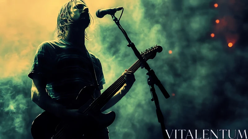 Backlit rock guitarist silhouette in atmospheric stage haze.