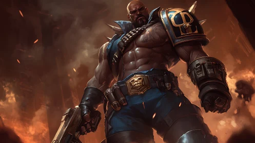 Armored cyber-mercenary dominates infernal battlefield with heavy pistol