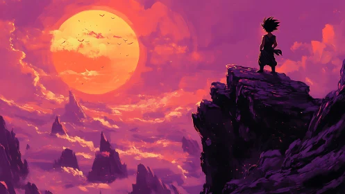 Solitary warrior overlooks molten sunset cloud sea.