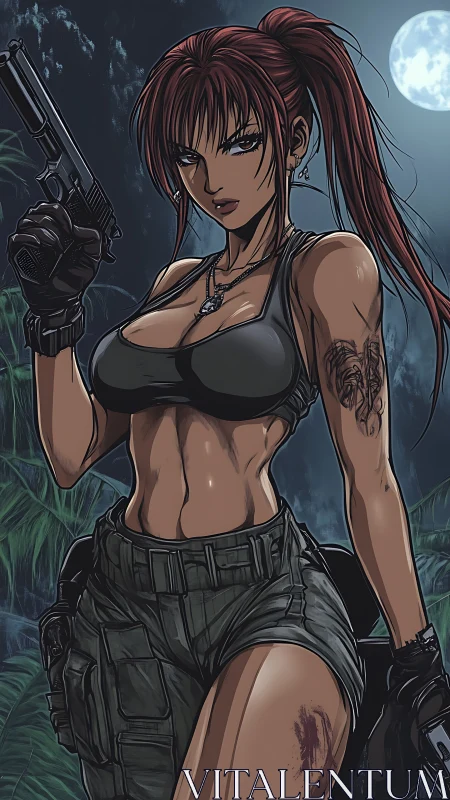 Armed female operative stands in moonlit jungle environment
