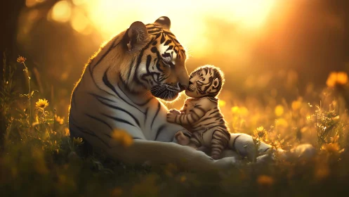 Backlit tiger mother and cub rendered in warm shallow-depth glow