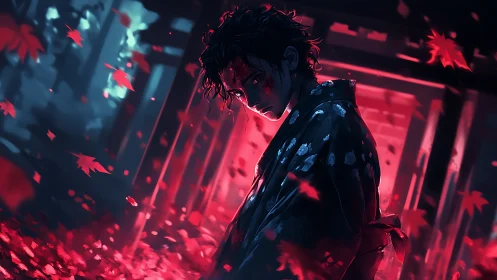 Samurai figure amid red maple leaves in night setting.