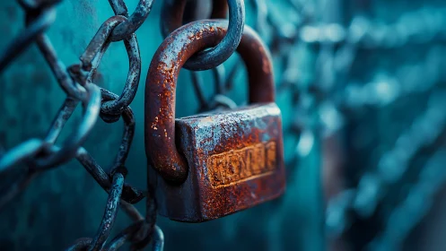 Rusty metal padlock hangs on chain with shallow focus