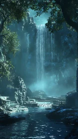 Spectral forest waterfall in volumetric blue atmospheric light.