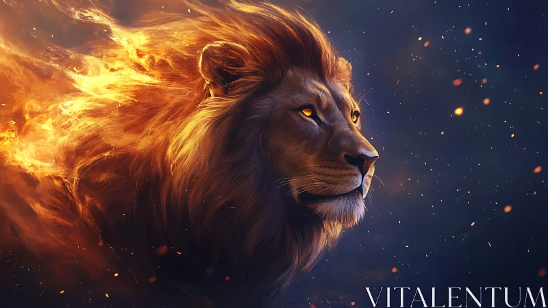 Flame-maned lion sails through starlit embers with silent pride
