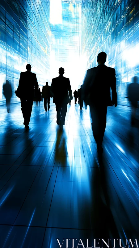 Silhouetted Business Professionals Walking Through Modern Urban Corridor
