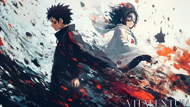 Dynamic anime duo in turbulent abstract paint burst motion field