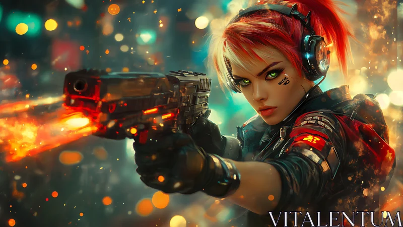 Neon-eyed cyber huntress unleashing fire in the rainstorm night.