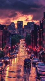 Golden hour rainlit city street glows toward distant skyline