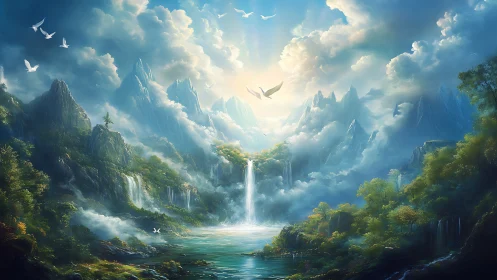 Sunlit mountain sanctuary welcomes soaring doves and waterfalls